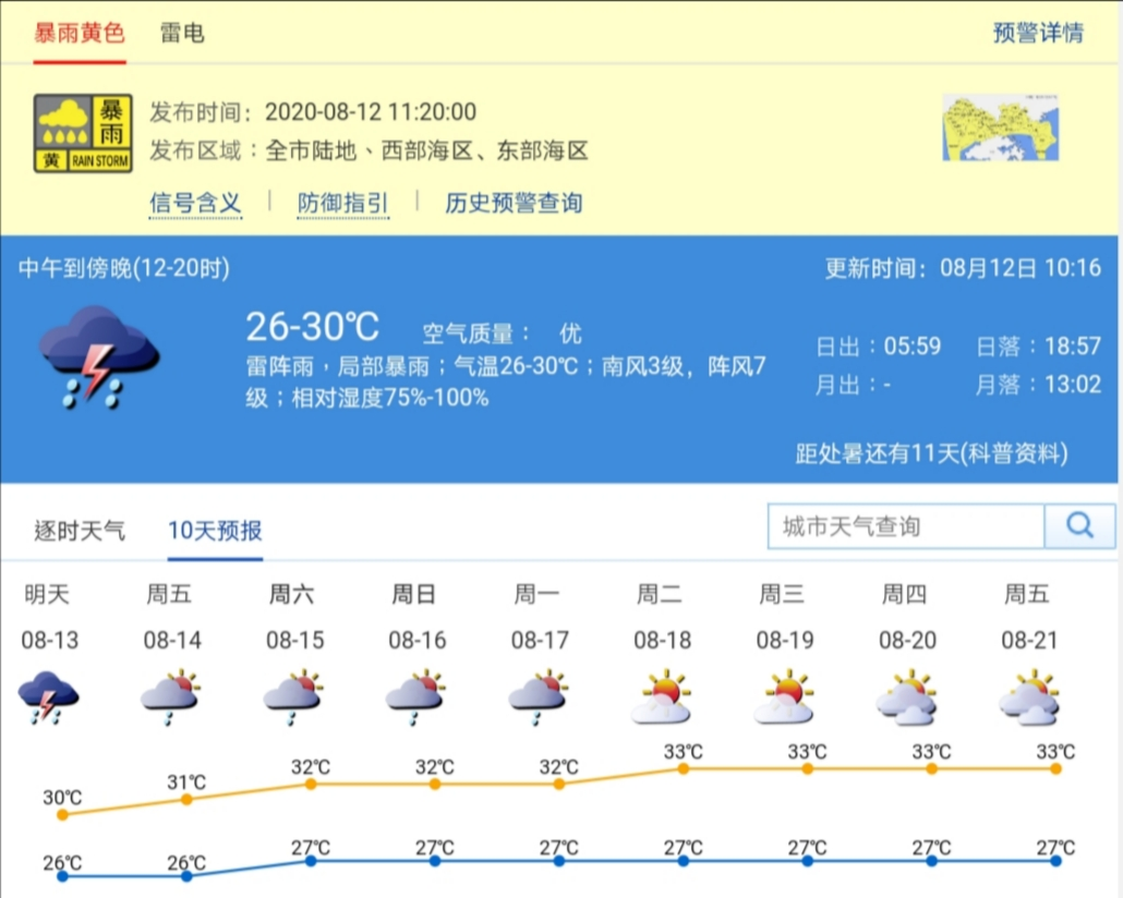 深圳市暴雨黄色预警和雷电预警正在生效中！午间出行需妥善安排