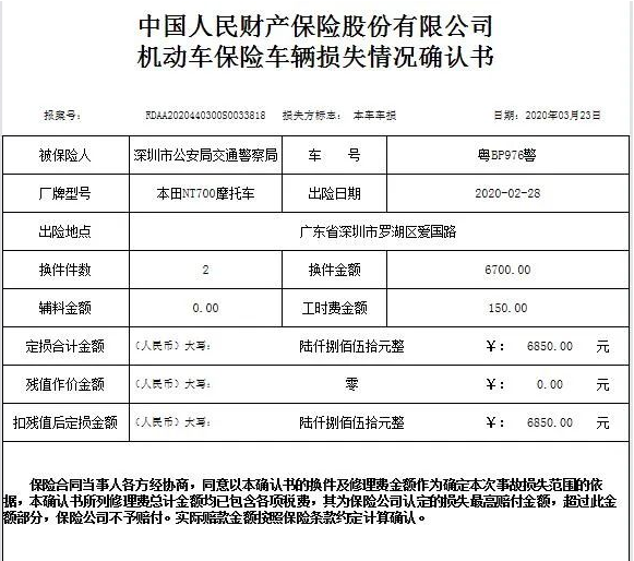 网曝深圳交警铁骑摩托天价维修单交警公布保险定损金额