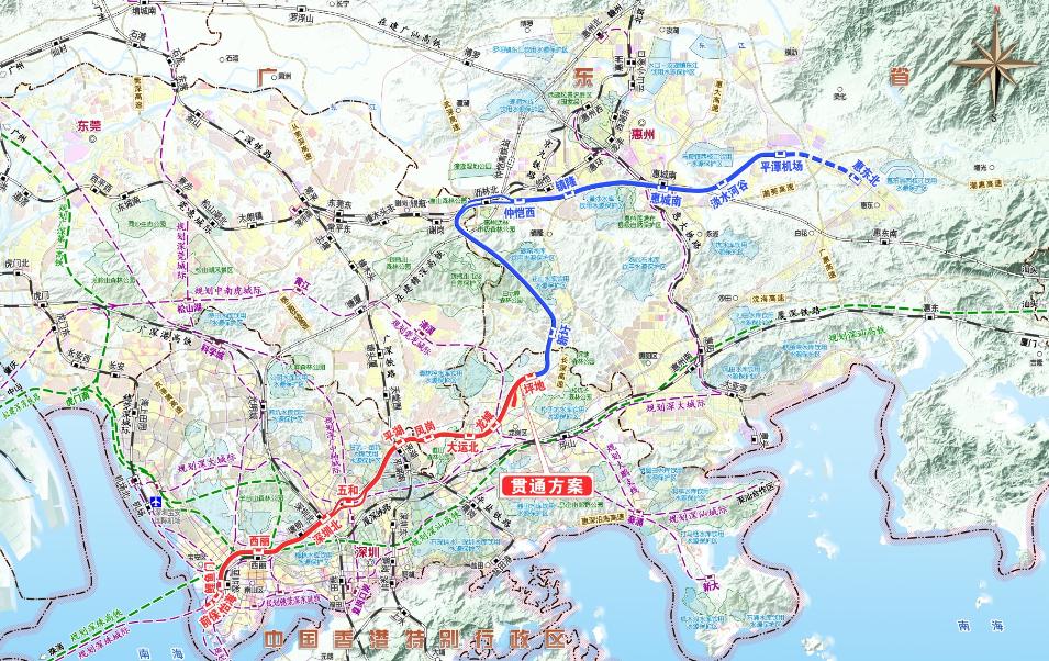 穿越塘朗山,沿平南铁路至深圳北站,之后至五和沿布龙路与深大城际合场