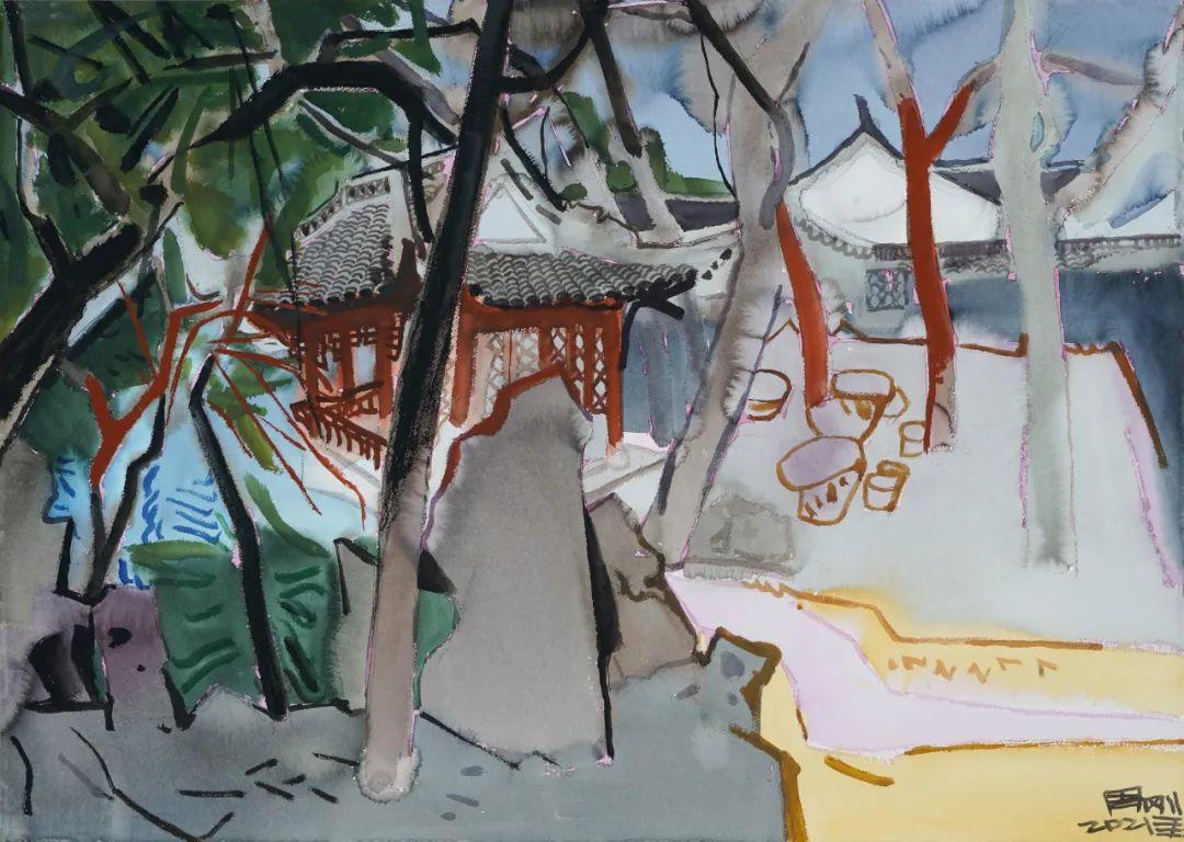 周刚《绮园听琴阁》75×105cm 纸本水彩 2021年