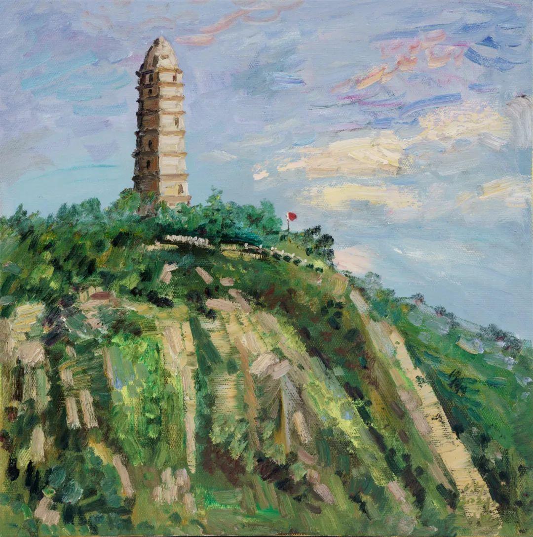 李豪《革命圣地-延安宝塔山》油画 74×74cm 2021年李新风《梦回故里
