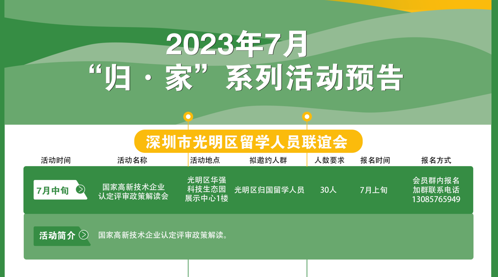 2023年7月“归·家”系列活动预告——深圳市光明区留学人员联谊会