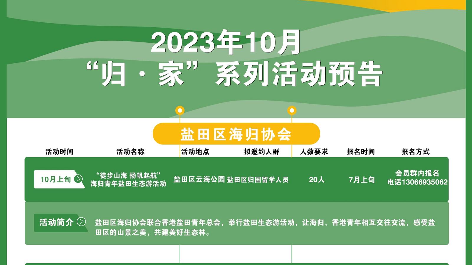 2023年10月“归·家”系列活动预告——盐田区海归协会